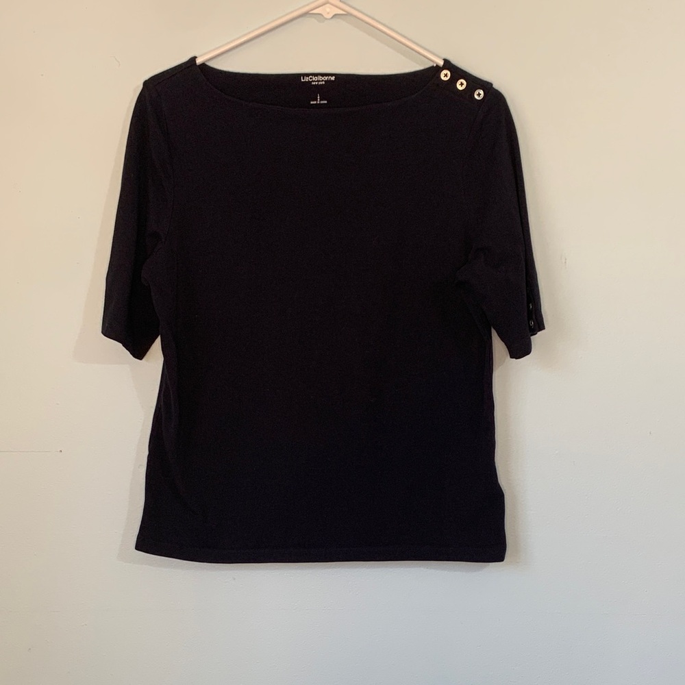 Liz Claiborne Navy Short Sleeve Top with Shoulder Buttons